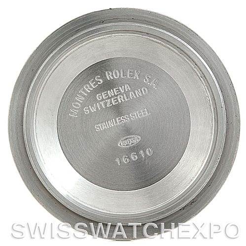 This image shows the case back of a Rolex Submariner 16610 Men's Stainless Steel Black Dial 16610 Men's Stainless Steel Black Dial model, displaying the engraved text and model number.