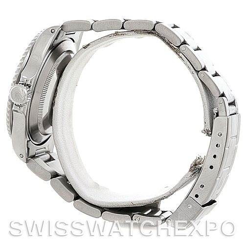 The image shows a side view of a Rolex Submariner 16610 Men's Stainless Steel Black Dial 16610 Men's Stainless Steel Black Dial watch, featuring the case, crown, and bracelet.