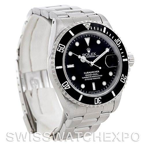 The image shows a Rolex Submariner 16610 Men's Stainless Steel Black Dial 16610 Men's Stainless Steel Black Dial watch at a slight angle, displaying the face, bezel, bracelet, and crown.
