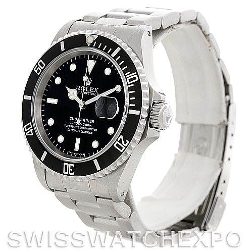 The image shows a Rolex Submariner 16610 Men's Stainless Steel Black Dial 16610 Men's Stainless Steel Black Dial watch from an oblique angle, highlighting the bezel, dial, and part of the bracelet.