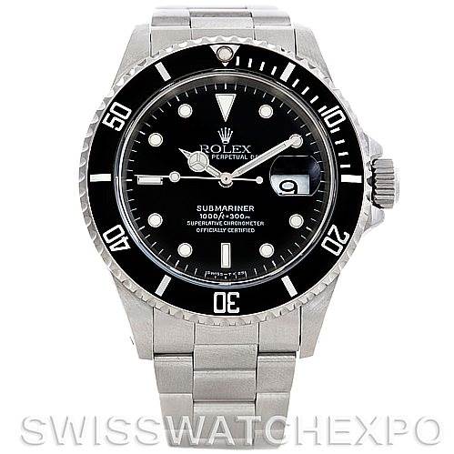 This image shows a front view of a Rolex Submariner 16610 Men's Stainless Steel Black Dial 16610 Men's Stainless Steel Black Dial watch, featuring its stainless steel case, black dial, and bracelet.