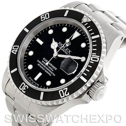 The image shows a Rolex Submariner 16610 Men's Stainless Steel Black Dial 16610 Men's Stainless Steel Black Dial at an angled view, focusing on the face, bezel, and part of the bracelet.