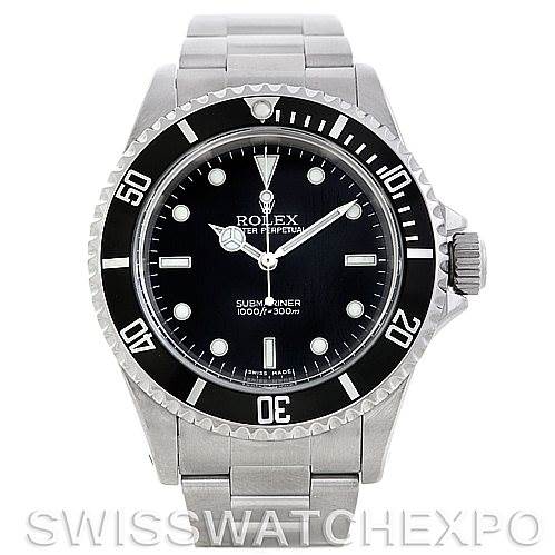 The image shows a front view of a Rolex Submariner 14060 Men's Stainless Steel Black Dial 14060 Men's Stainless Steel Black Dial watch, displaying its bezel, dial, hands, and bracelet.