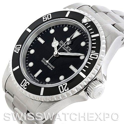 The Rolex Submariner 14060 Men's Stainless Steel Black Dial 14060 Men's Stainless Steel Black Dial watch is shown at a three-quarter angle, highlighting its black dial, bezel, crown, and stainless steel bracelet.