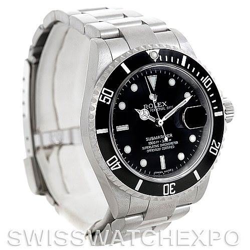 The image shows a side angle of a Rolex Submariner 16610 Men
s Stainless Steel Black Dial 16610 Men
s Stainless Steel Black Dial watch, highlighting the bezel, dial, and bracelet.