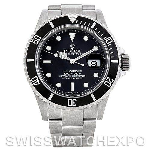 The image shows a front view of a Rolex Submariner 16610 Men
s Stainless Steel Black Dial 16610 Men
s Stainless Steel Black Dial watch, showcasing its dial, bezel, crown, and bracelet.