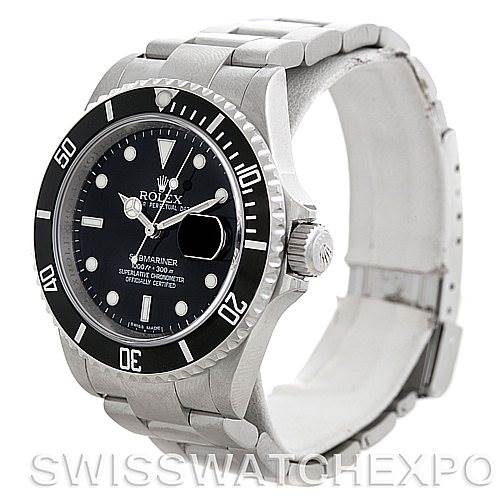 The image shows a side and front angle of a Rolex Submariner 16610 Men
s Stainless Steel Black Dial 16610 Men
s Stainless Steel Black Dial watch, displaying its face, bezel, crown, and bracelet.