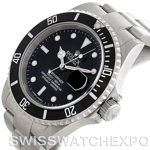 The image shows a Rolex Submariner 16610 Men
s Stainless Steel Black Dial 16610 Men
s Stainless Steel Black Dial watch at an angle, highlighting the bezel, dial, crown, and partially the bracelet.