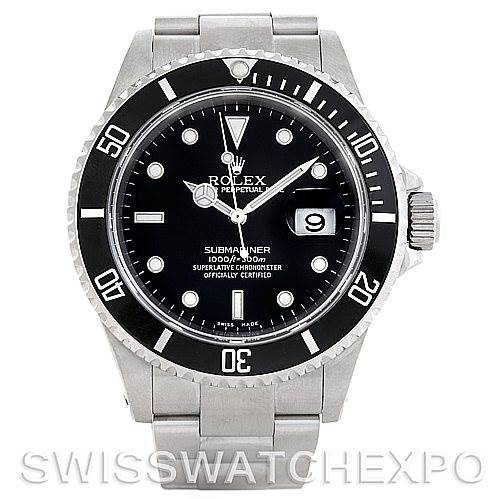 The image shows a front view of a Rolex Submariner 16610 Men
s Stainless Steel Black Dial 16610 Men
s Stainless Steel Black Dial watch, displaying its dial, bezel, bracelet, and crown.