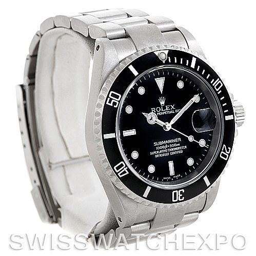 The image shows a Rolex Submariner 16610 Men
s Stainless Steel Black Dial 16610 Men
s Stainless Steel Black Dial watch at a three-quarter angle, displaying the face, bezel, crown, and part of the bracelet.