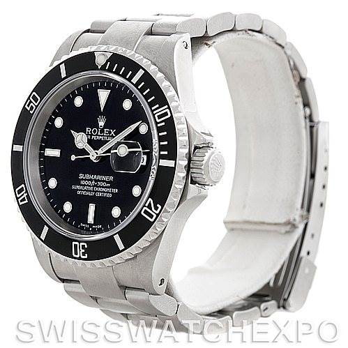 This image shows a Rolex Submariner 16610 Men
s Stainless Steel Black Dial 16610 Men
s Stainless Steel Black Dial watch at a three-quarter angle, focusing on the dial, bezel, crown, and stainless steel bracelet.