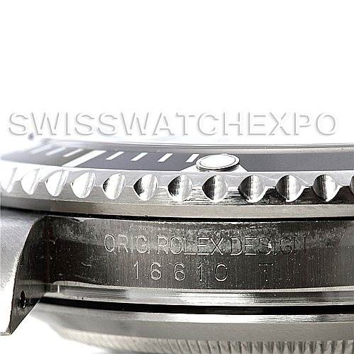 This close-up image of the Rolex Submariner 16610 Men
s Stainless Steel Black Dial 16610 Men
s Stainless Steel Black Dial watch shows the side view, including the bezel and engraved model number "16610".