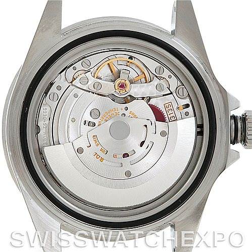 This image shows the movement and internal components of a Rolex Submariner 16610 Men
s Stainless Steel Black Dial 16610 Men
s Stainless Steel Black Dial watch from a rear view with the case back removed.