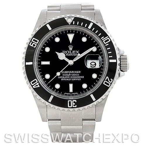 This image shows a front view of the Rolex Submariner 16610 Men
s Stainless Steel Black Dial 16610 Men
s Stainless Steel Black Dial watch, showcasing its dial, bezel, case, and bracelet.