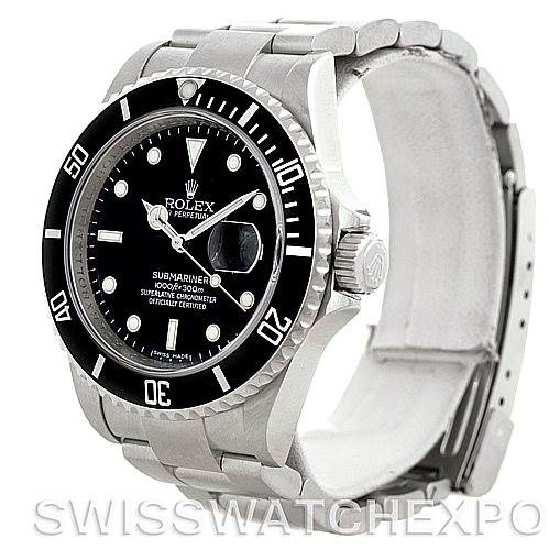 This image shows a Rolex Submariner 16610 Men
s Stainless Steel Black Dial 16610 Men
s Stainless Steel Black Dial watch angled to display its face, bezel, bracelet, and crown.