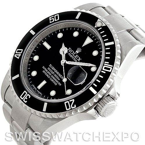 The image shows a close-up angled view of the Rolex Submariner 16610 Men
s Stainless Steel Black Dial 16610 Men
s Stainless Steel Black Dial watch, featuring the bezel, dial, bracelet, and crown.