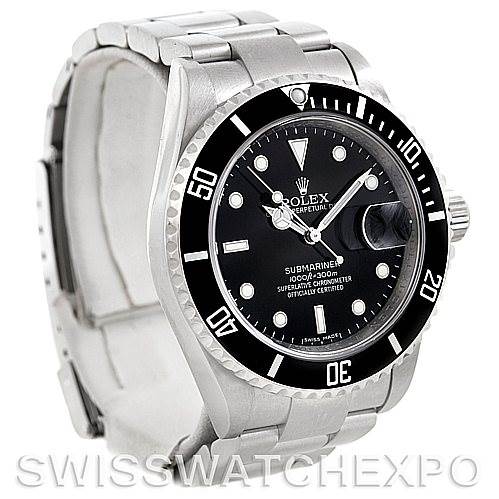 The image shows a Rolex Submariner 16610 Men
s Stainless Steel Black Dial 16610 Men
s Stainless Steel Black Dial watch at a slight left side angle, highlighting the bezel, dial, and bracelet.