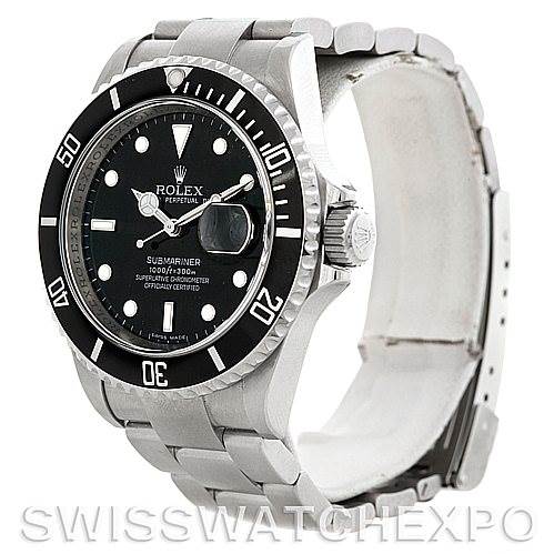 The image shows a side angle view of a Rolex Submariner 16610 Men
s Stainless Steel Black Dial 16610 Men
s Stainless Steel Black Dial watch, displaying its dial, bezel, crown, and bracelet.