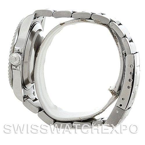 The image shows a side view of a Rolex Submariner 16610 Men
s Stainless Steel Black Dial 16610 Men
s Stainless Steel Black Dial watch, highlighting the case, bracelet, and clasp.