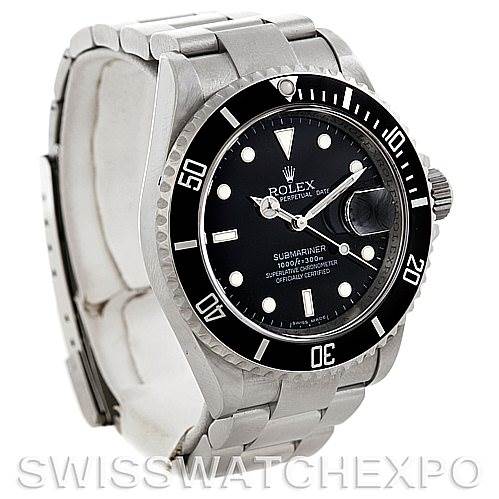 This image shows a Rolex Submariner 16610 Men
s Stainless Steel Black Dial 16610 Men
s Stainless Steel Black Dial watch from a front-left angle, highlighting the face, bezel, and part of the bracelet.