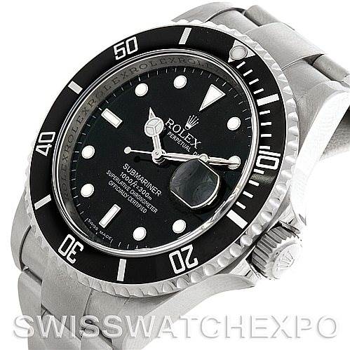 This image shows a close-up of a Rolex Submariner 16610 Men
s Stainless Steel Black Dial 16610 Men
s Stainless Steel Black Dial watch, displaying the dial, bezel, crown, and bracelet at an angle.