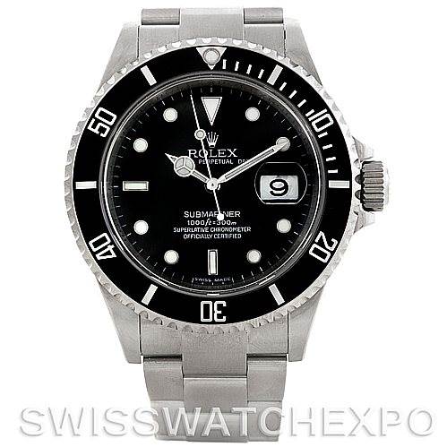 The image shows a front view of the Rolex Submariner 16610 Men
s Stainless Steel Black Dial 16610 Men
s Stainless Steel Black Dial watch, highlighting the dial, case, bezel, and bracelet.