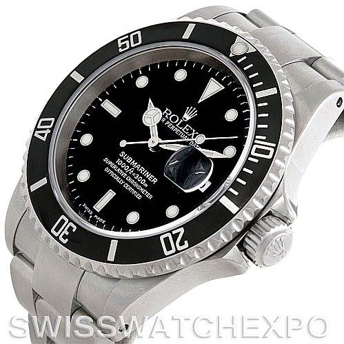 The image shows a Rolex Submariner 16610 Men
s Stainless Steel Black Dial 16610 Men
s Stainless Steel Black Dial watch at an oblique angle, highlighting its dial, bezel, crown, and part of the bracelet.