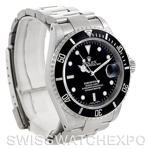 The image shows a Rolex Submariner 16610 Men
s Stainless Steel Black Dial 16610 Men
s Stainless Steel Black Dial watch at a three-quarter angle, highlighting the dial, bezel, and part of the bracelet.