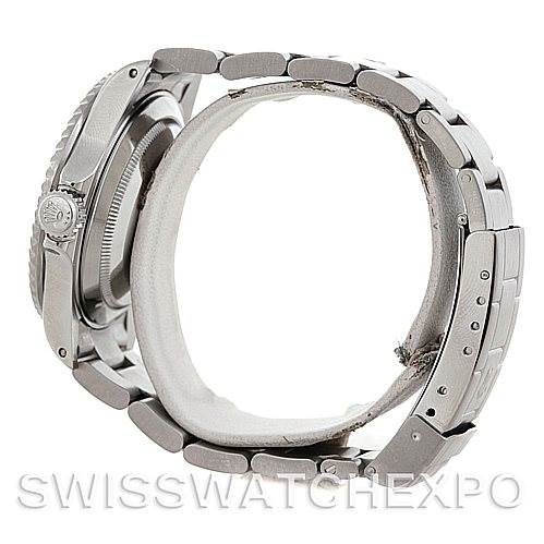 This image shows a side view of the Rolex Submariner 16610 Men
s Stainless Steel Black Dial 16610 Men
s Stainless Steel Black Dial watch, highlighting the bracelet, clasp, and crown.