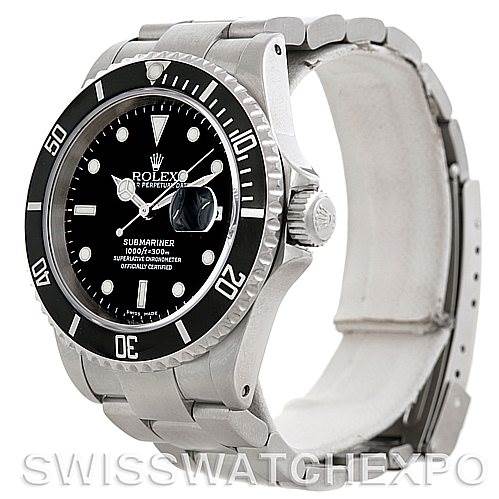 The image shows a Rolex Submariner 16610 Men
s Stainless Steel Black Dial 16610 Men
s Stainless Steel Black Dial watch at a three-quarter angle, displaying the face, bezel, crown, and part of the bracelet.