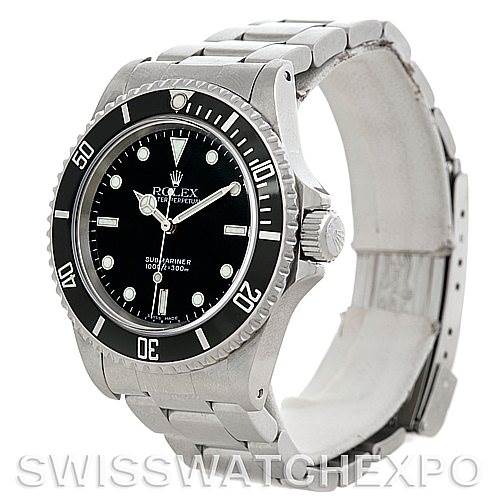 This image shows a side angle of a Rolex Submariner 14060 Men
s Stainless Steel Black Dial 14060 Men
s Stainless Steel Black Dial watch, highlighting its face, bezel, crown, and partial bracelet.