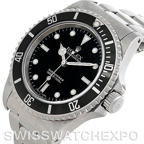 The image shows a Rolex Submariner 14060 Men
s Stainless Steel Black Dial 14060 Men
s Stainless Steel Black Dial watch from a front angle, highlighting its bezel, dial, and stainless steel bracelet.