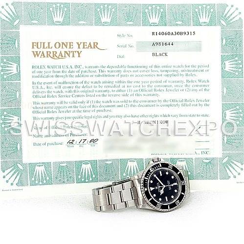 The image shows a Rolex Submariner 14060 Men
s Stainless Steel Black Dial 14060 Men
s Stainless Steel Black Dial watch laid out flat with its warranty card in the background.