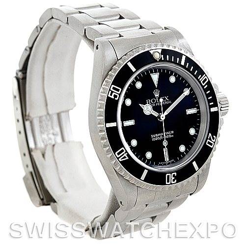 This image shows a Rolex Submariner 14060 Men
s Stainless Steel Black Dial 14060 Men
s Stainless Steel Black Dial watch from a front-left angle, highlighting the dial, bezel, and bracelet.