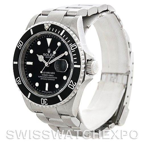 This image shows a side angle of a Rolex Submariner 16610 Men
s Stainless Steel Black Dial 16610 Men
s Stainless Steel Black Dial watch, highlighting the bezel, dial, crown, and bracelet.