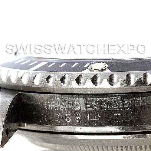 The image shows a close-up side view of the bezel, case, and model number engraving of a Rolex Submariner 16610 Men
s Stainless Steel Black Dial 16610 Men
s Stainless Steel Black Dial watch.