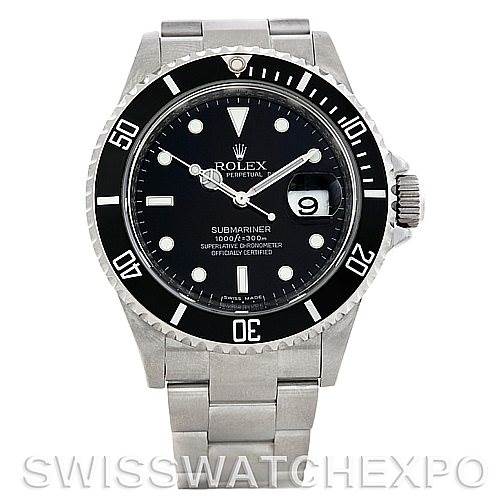 This Rolex Submariner 16610 Men
s Stainless Steel Black Dial 16610 Men
s Stainless Steel Black Dial watch is shown from the front, displaying the dial, bezel, crown, and bracelet.