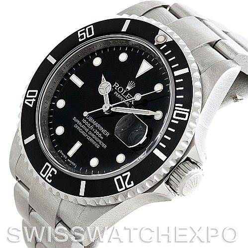 This image shows a Rolex Submariner 16610 Men
s Stainless Steel Black Dial 16610 Men
s Stainless Steel Black Dial watch angled to display the face, bezel, crown, and part of the bracelet.