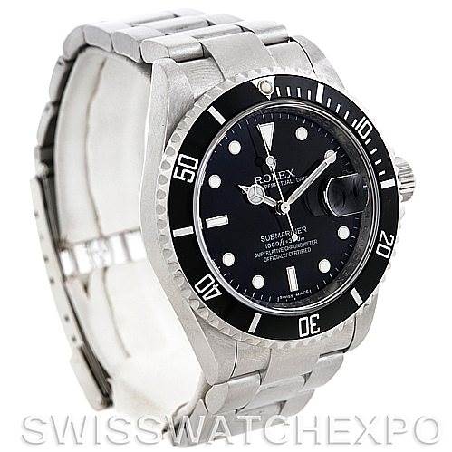 The image shows a side-angle view of a Rolex Submariner 16610 Men
s Stainless Steel Black Dial 16610 Men
s Stainless Steel Black Dial watch, displaying the face, bezel, and part of the bracelet.