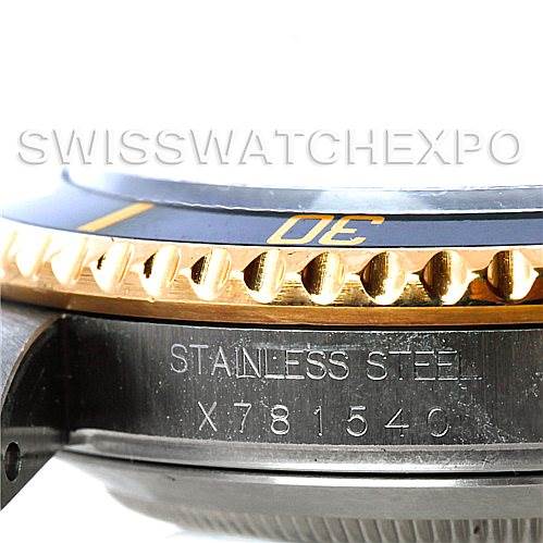 This image shows a close-up side view of the case, bezel, and part of the dial of a Rolex Submariner 16613 Men
s Steel and Gold (two tone) Black Dial 16613 Men
s Steel and Gold (two tone) Black Dial.