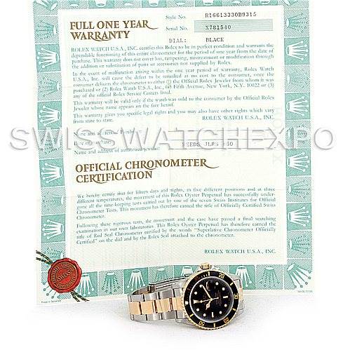 This image shows a Rolex Submariner 16613 Men
s Steel and Gold (two tone) Black Dial 16613 Men
s Steel and Gold (two tone) Black Dial watch at an angle, displaying the dial, bezel, and part of the bracelet, along with warranty and certification papers.