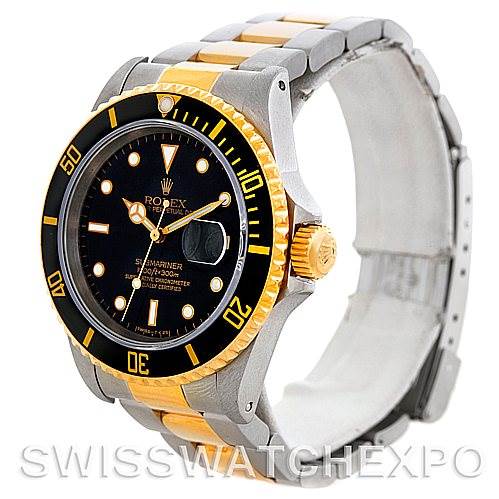 This image shows a Rolex Submariner 16613 Men
s Steel and Gold (two tone) Black Dial 16613 Men
s Steel and Gold (two tone) Black Dial watch from a front angle, highlighting the black dial, gold bezel, and two-tone bracelet.