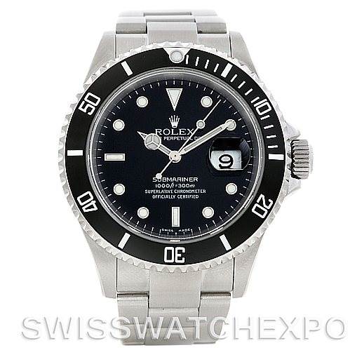 This image shows a front-facing view of the Rolex Submariner 16610 Men
s Stainless Steel Black Dial 16610 Men
s Stainless Steel Black Dial watch, displaying the dial, bezel, bracelet, and crown.
