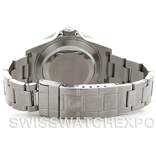 This image shows a rear angle of the Rolex Submariner 16610 Men
s Stainless Steel Black Dial 16610 Men
s Stainless Steel Black Dial, highlighting the bracelet, clasp, and case back.