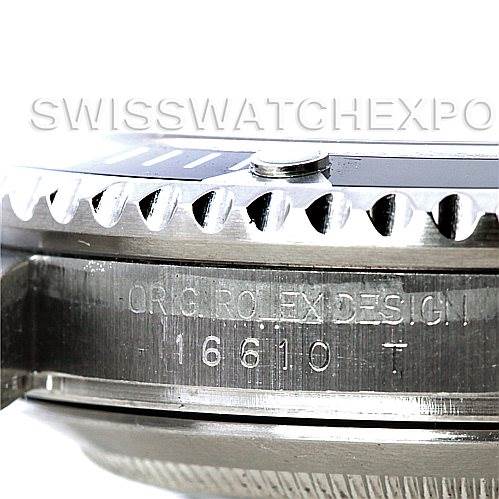 The image shows a close-up side view of the Rolex Submariner 16610 Men
s Stainless Steel Black Dial 16610 Men
s Stainless Steel Black Dial model, highlighting the bezel and part of the case with the model number engraved.