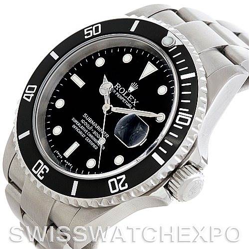 This image shows a Rolex Submariner 16610 Men
s Stainless Steel Black Dial 16610 Men
s Stainless Steel Black Dial watch from an angled perspective, highlighting the bezel, dial, and stainless steel bracelet.