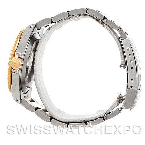 The image shows a side view of the Rolex Submariner 16613 Men's Steel and Gold (two tone) Blue Dial 16613 Men's Steel and Gold (two tone) Blue Dial watch, highlighting the bracelet, crown, and case sides.