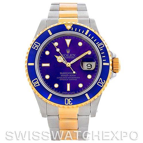 The image shows a front view of a Rolex Submariner 16613 Men's Steel and Gold (two tone) Blue Dial 16613 Men's Steel and Gold (two tone) Blue Dial watch, highlighting its blue dial, bezel, and two-tone bracelet.
