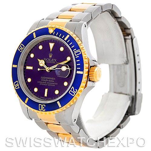This Rolex Submariner 16613 Men's Steel and Gold (two tone) Blue Dial 16613 Men's Steel and Gold (two tone) Blue Dial watch is shown from a front angle, highlighting its dial, bezel, and bracelet.