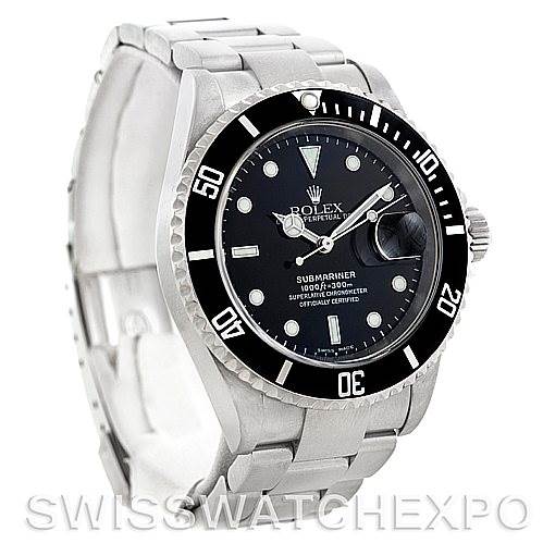 The image shows a Rolex Submariner 16610 Men
s Stainless Steel Black Dial 16610 Men
s Stainless Steel Black Dial watch from an angled front view, highlighting the face, bezel, and part of the bracelet.